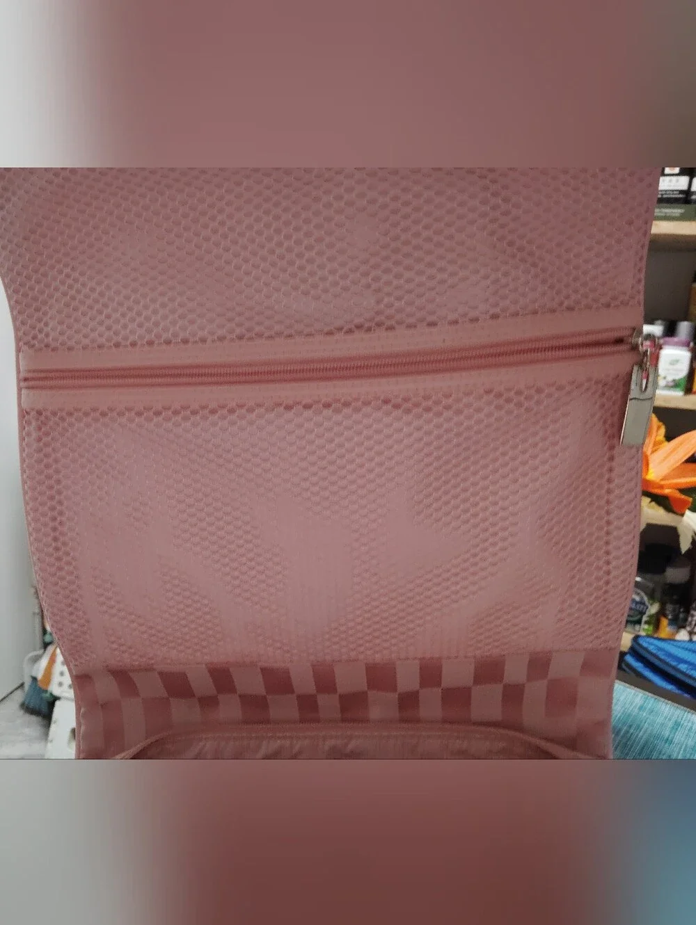 PINK CHECKERED HANGING COSMETIC BAG - Travel Organizer